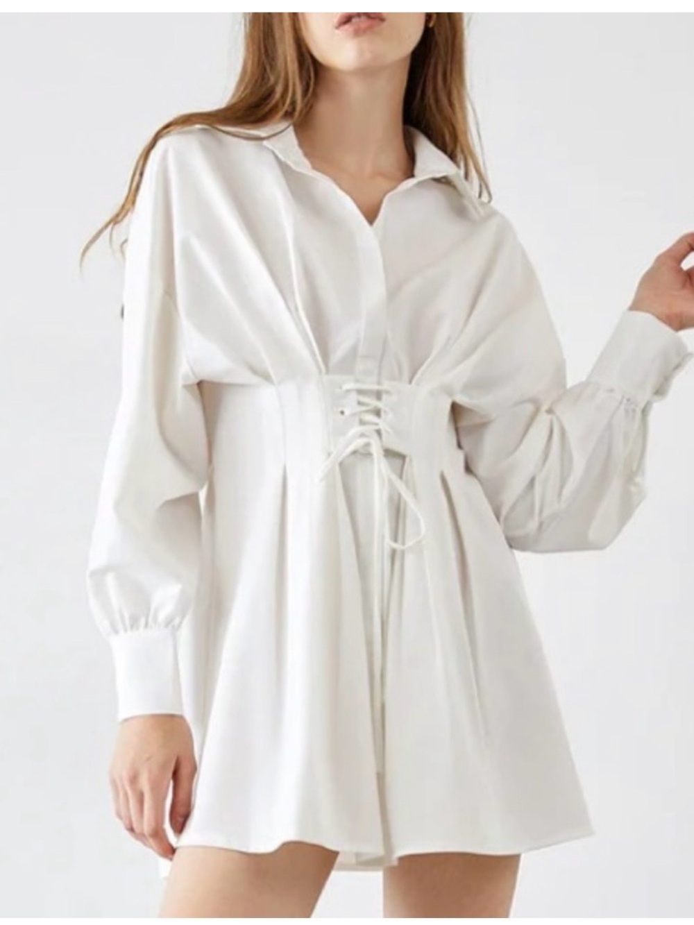 White Cinched Waist Shirt Dress
